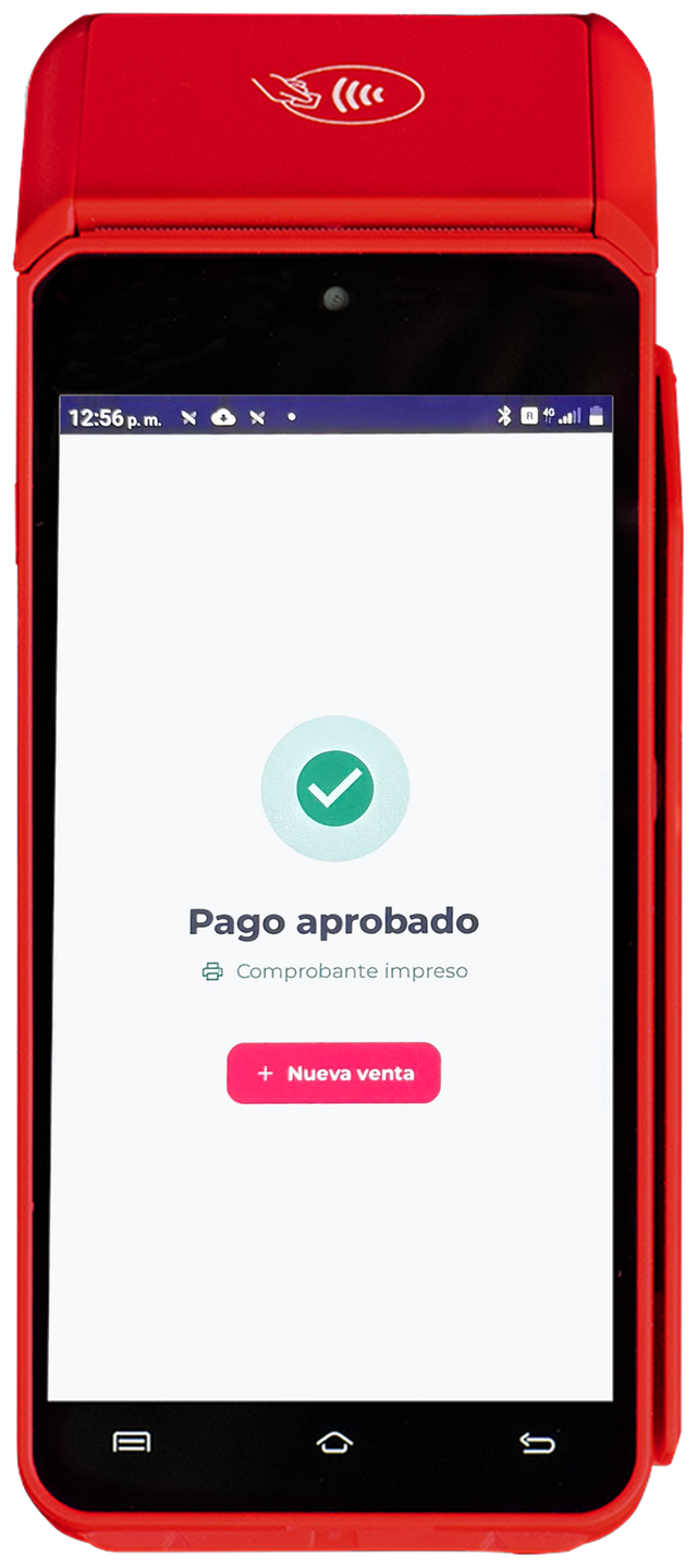 Máquina POS roja con la pantalla «Pago aprobado» de TickD